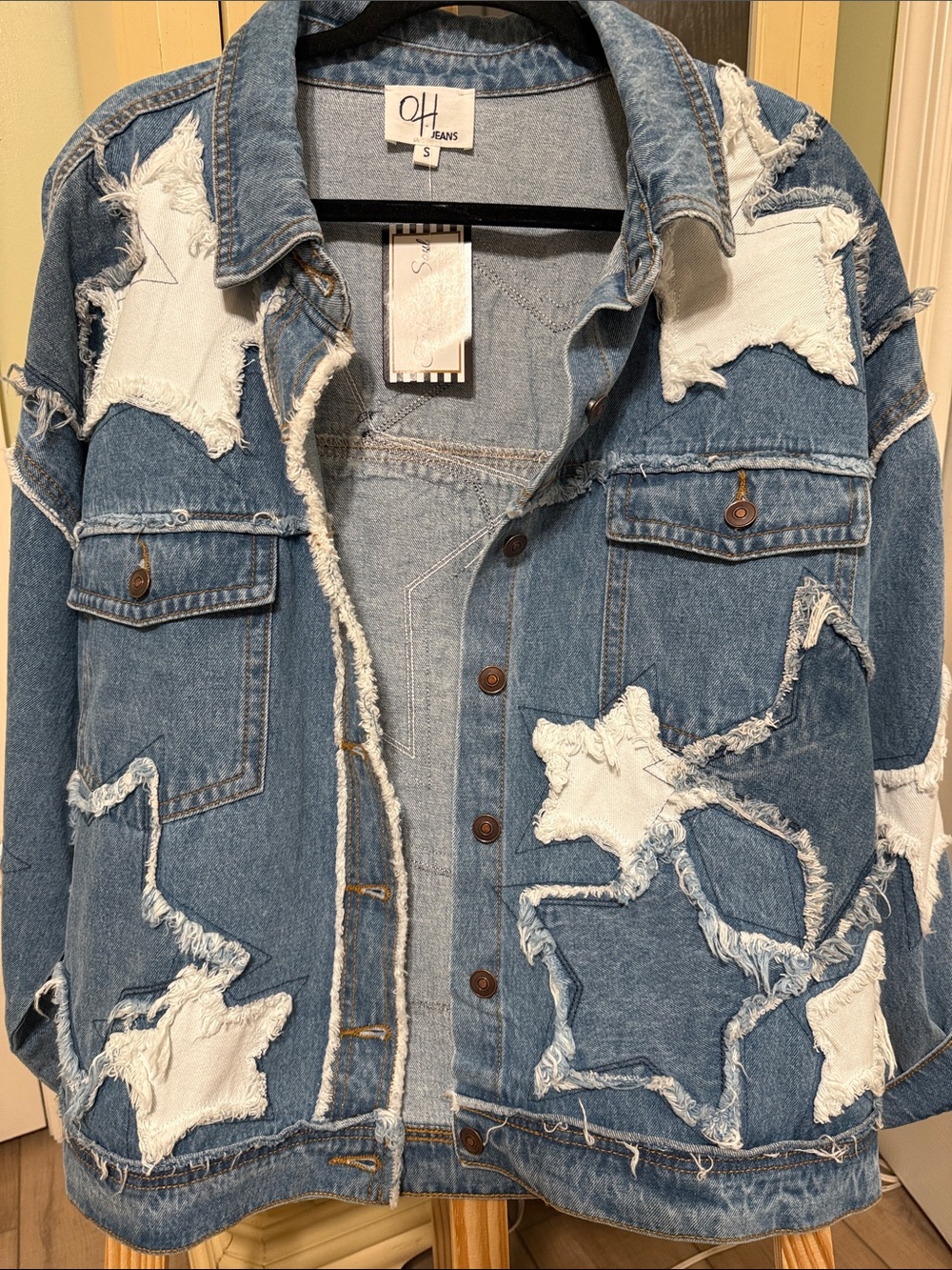Oli & Hali Light Blue Denim Jacket with Frayed White Star Appliqués